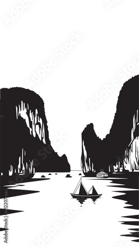 Monochrome coastal landscape with distant boats between towering cliffs.