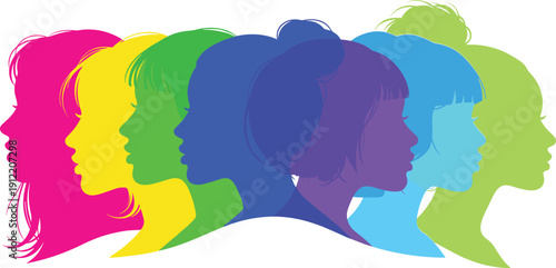 Colorful female silhouettes illustration, diverse women artwork, unity individuality design, empowerment portrait concept, vibrant gradient profile graphic for celebration