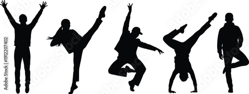 Dance and gymnastics silhouette illustration set, athletic movement artwork, expressive pose design, acrobatic figure graphic, fitness performance concept