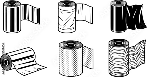 Cellophane stretch film icons set. Different types of roll materials are depicted, showcasing diverse textures, patterns, and potential applications
