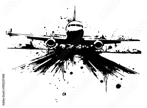 Commercial passenger airplane taking off from a runway with artistic ink splash effects