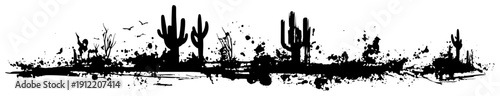 Desert landscape panorama with saguaro cacti silhouettes and creative ink spatter