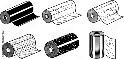 Cellophane stretch film icons set. Different types of roll materials are depicted, showcasing diverse textures, patterns, and potential applications
