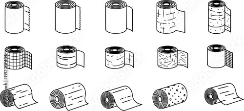 Cellophane stretch film icons set. Different types of roll materials are depicted, showcasing diverse textures, patterns, and potential applications
