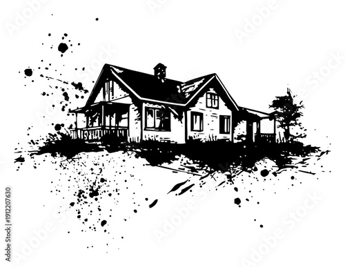 Cozy wooden house cottage in a creative artistic ink splash design
