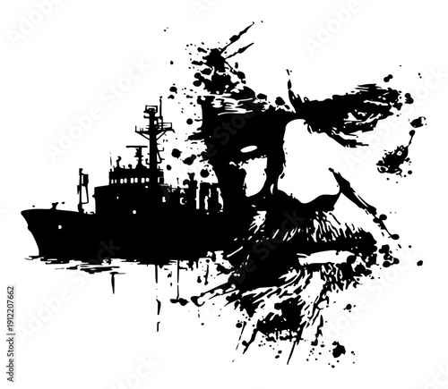Double exposure of a ship and a bearded man face