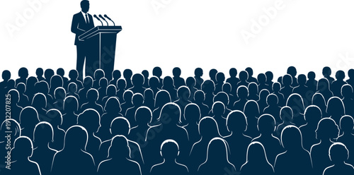 Public speaker silhouette at podium, audience crowd illustration, leadership communication artwork, conference presentation design, political speech graphic concept