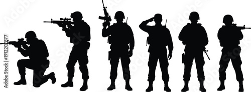 Soldier silhouette illustration set, military stance artwork, armed forces design, rifle pose graphic, army training concept, defense representation