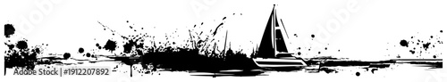 Sailing yacht on the sea panorama with expressive ink splash and wave effects