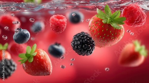 Fresh berries splashing in water, creating refreshing healthy drink concepts with juicy vibrant colors and fruit