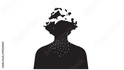 Silhouette of a person with a dissolving head into a world map, against a clean backdrop, symbolizing global unity