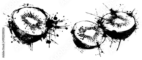 Sliced kiwi fruit with creative black ink splatters and artistic style