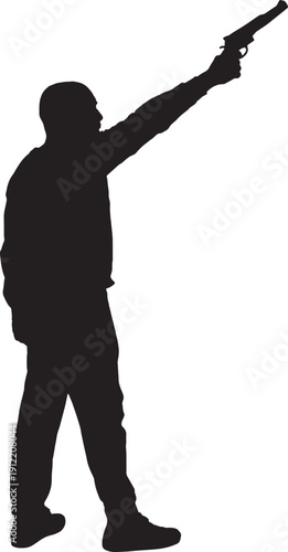 vector,Side view of a man with his arm outstretched holding a pistol pointing upwards