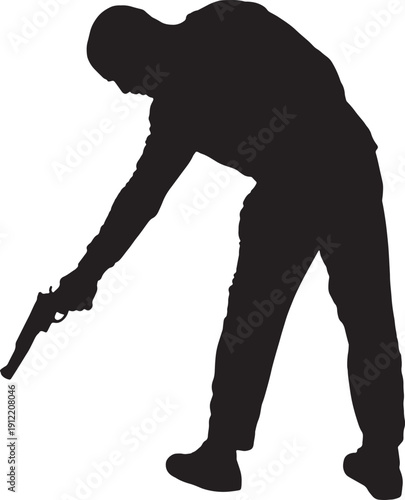 vector,Side view of a man leaning forward, pointing a gun downwards