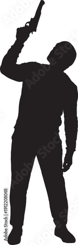 vector,Front view of a man with a gun pointing and looking upwards