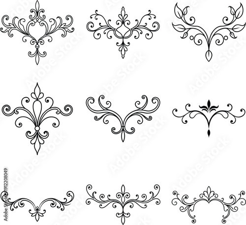 Elegant Ornate Flourishes and Decorative Filigree Ornament Set Vector illustration
