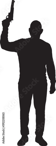 vector,front view of a man holding a gun pointing up