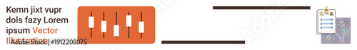 Data management, financial analysis, task tracking, productivity, business efficiency, performance assessment. Candlestick chart and clipboard with checklist and documents. Data management