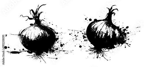 Whole onion vegetables in artistic ink splash style illustration
