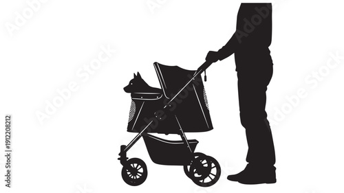 A person is walking with a baby stroller in a serene outdoor environment viewed from the side.