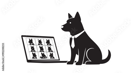 A corporate dog sits beside a laptop displaying multiple cat images in a simple graphic illustration from a side viewpoint