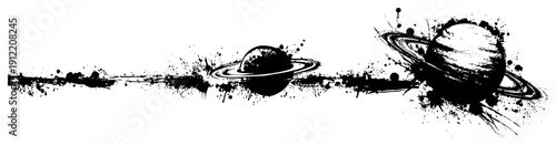 Outer space planets with rings in a cosmic ink splash and grunge style