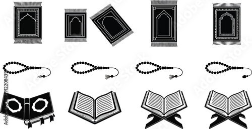 Islamic Prayer Essentials Vector Illustration Set. Black and white icons of prayer rug, tasbih, and Quran for religious concepts.