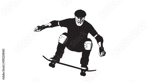 A young skateboarder performs a trick on a skateboard with skill and balance in a clear and focused illustration from a front viewpoint