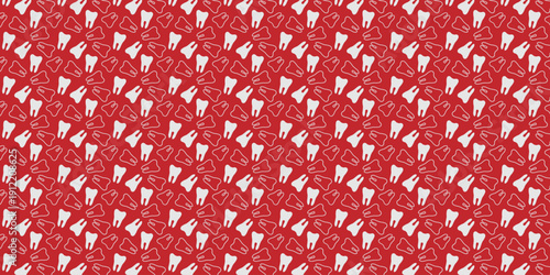 Red background seamless pattern featuring white teeth. This graphic design is ideal for dental care, oral hygiene, or dentist office decor. A clean and repetitive aesthetic for health concepts