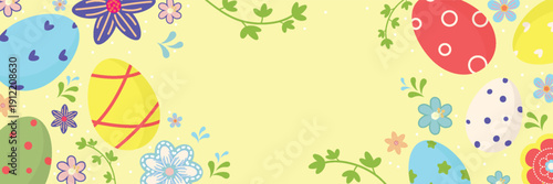 Wide horizontal Easter banner Yellow background, decorated colorful Easter eggs, flowers, leaves around edges. Copy space for text, promotions, greetings, or festive design layouts. Happy Easter.