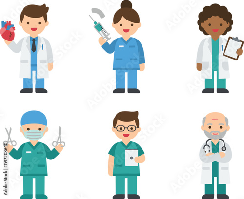 Flat Vector Set of Medical Professionals Including Doctors Surgeons and Nurses Holding Healthcare Equipment Isolated on White Background