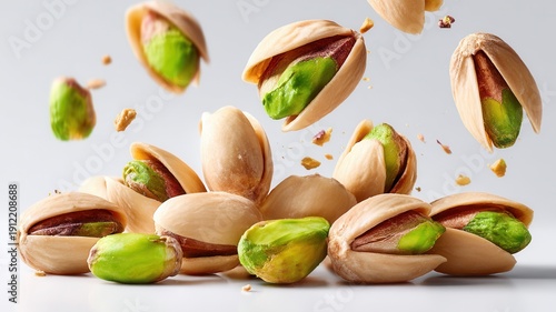 Fresh pistachios dropping, shells and vibrant green nuts in dynamic composition, ingredient snack natural healthy