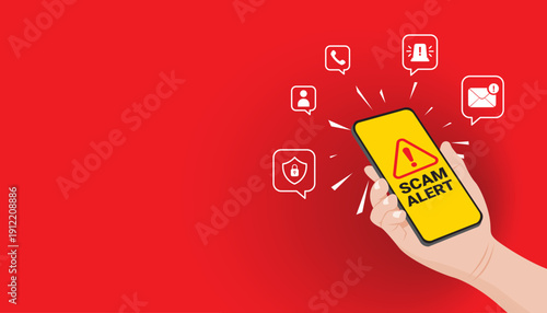 Hand holding phone with scam alert and floating communication icons, showing online fraud risk in calls, messages and emails.