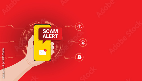 Hand holding smartphone with scam alert message and notification symbol, representing online fraud detection and digital protection concept.