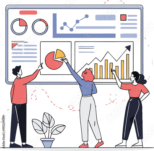 Modern Business Team Collaborating on Interactive Data Insights Dashboard