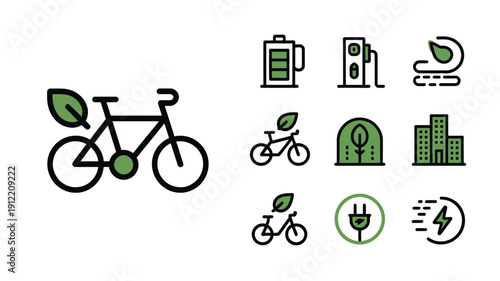  Electric Bike Eco Transport Line Icon Set Sustainable Mobility Vector