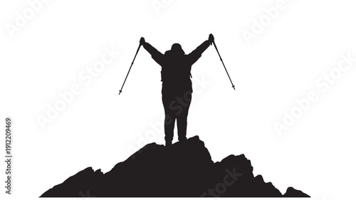 A triumphant hiker standing on a rugged mountain peak with trekking poles raised high in celebration of achievement.