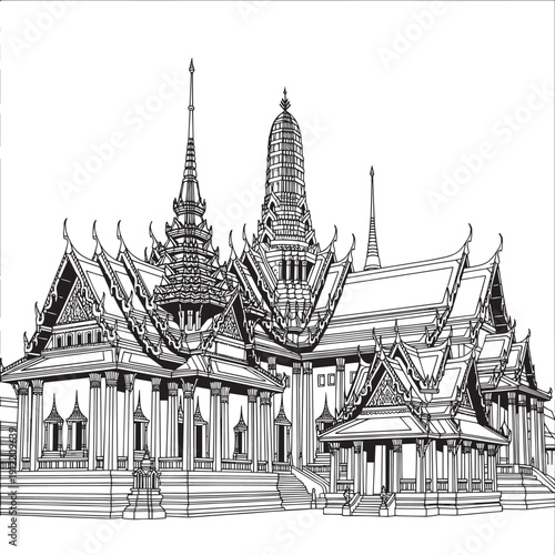 Illustration of an ornate Asian temple complex with multi-tiered roofs and tall spires.