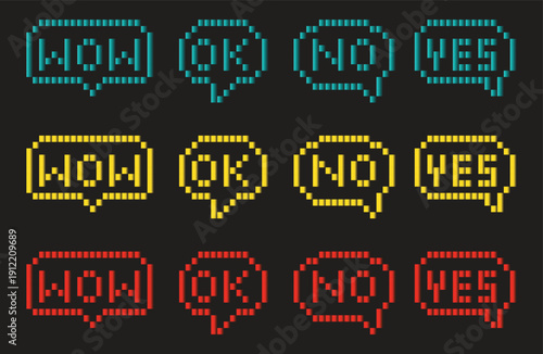 Vibrant pixelated speech bubbles in multiple colors for dynamic communication