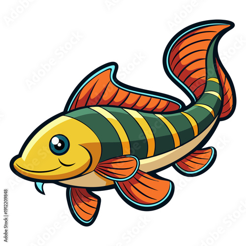 Cartoon fish illustration of loach fish with orange fins and green stripes for kids and adults
