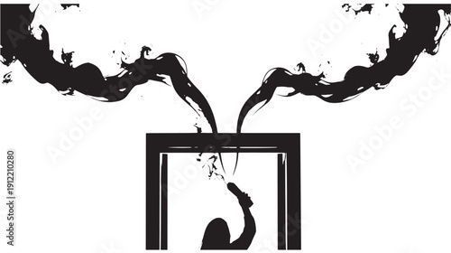 Silhouette of a person drinking from a glass with ink splashing out, viewed from behind in a minimalist illustration style