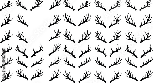 Deer antlers silhouette collection featuring multiple stag horn variations, black vector set isolated on white background for hunting, wildlife and logo design