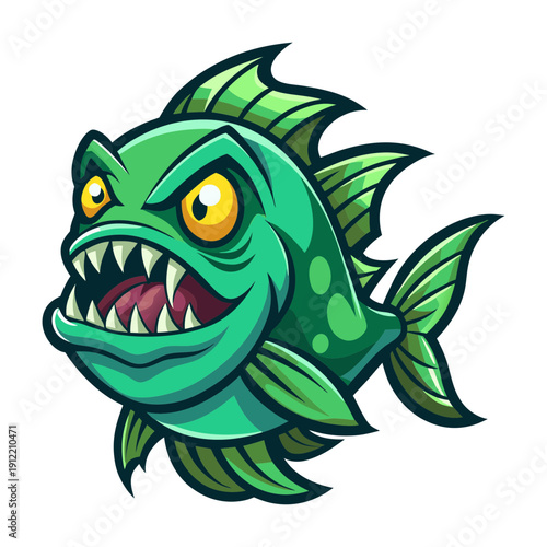 Cartoon piranha green fish with sharp teeth vector illustration aquatic animal predator design