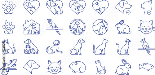 Collection of hand drawn cat illustrations and hearts
