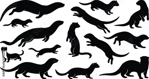 Horizontal border of wild forest animal silhouettes including moose deer grizzly bear rabbit and birds for outdoors hunting wilderness and nature landscape designs.