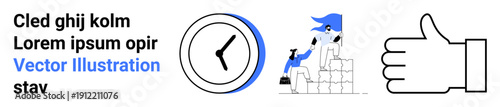Time management, collaboration, positive feedback, productivity, team building, efficiency. Minimalist design with clock, team helping each other and thumbs-up icon. Time management