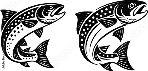 Jumping trout fish illustration set in black and white engraving style, detailed vector seafood and fishing logo isolated on light background