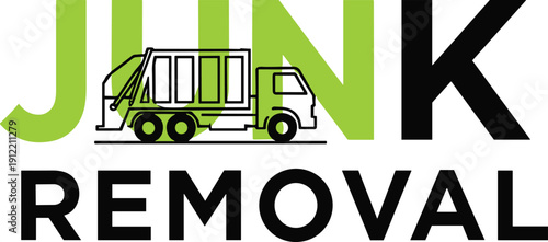 Junk removal logo with garbage truck icon and bold green typography, waste management service branding vector isolated on light background
