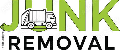 Junk removal logo with garbage truck illustration and bold typography, green and black waste management branding vector isolated on light background