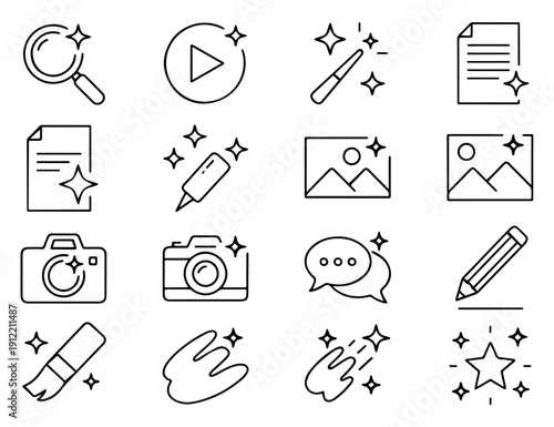 Sparkle Enhancement Line Icons Set – Minimalist Black & White Magic Wand, Creative UI & Editing Symbol, sparkle icons, sparkle symbol, enhancement icon, magic wand icon, creative tools,